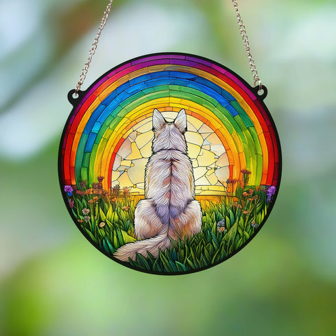German Shepherd White Rainbow Bridge Stained Glass Effect Suncatcher